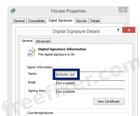 Screenshot of the eGlobe Ltd certificate